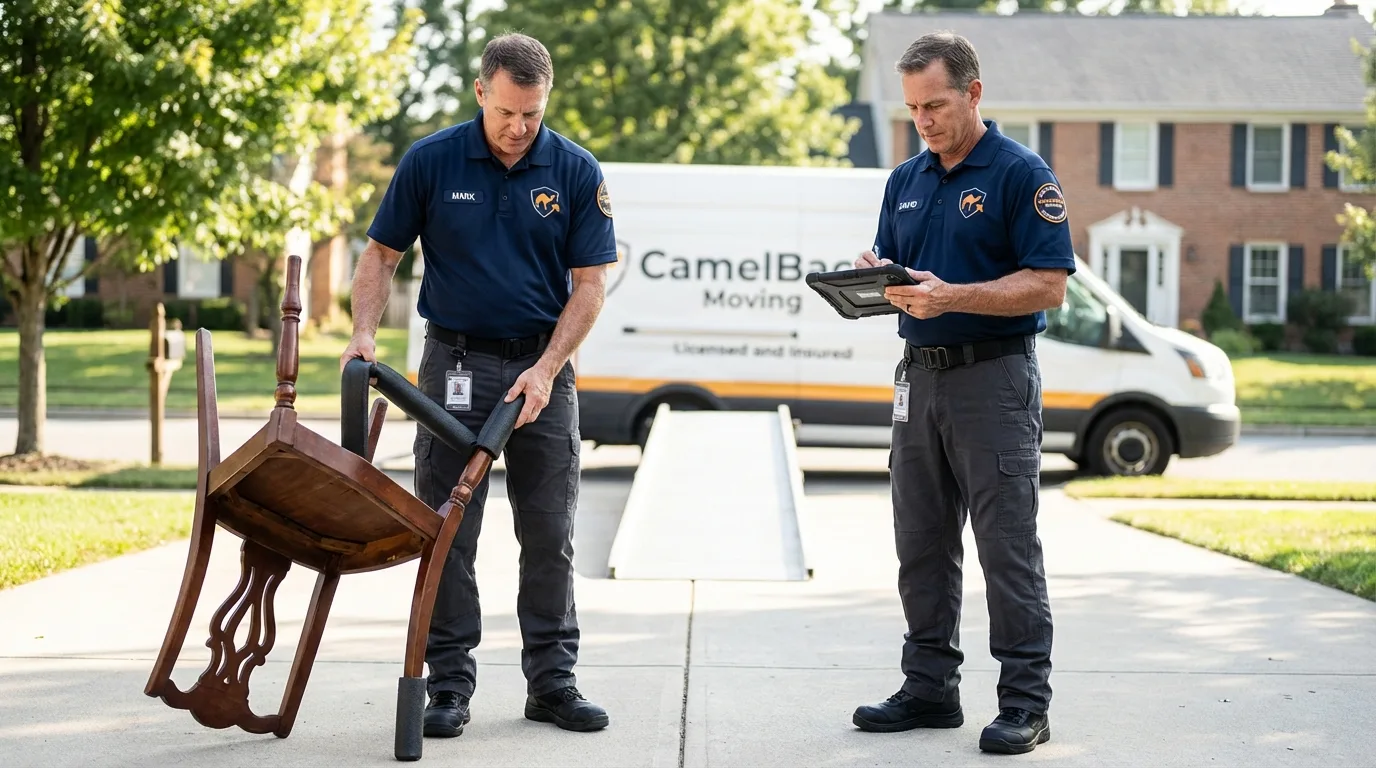 Movers inspecting furniture for damage prevention before loading in Fort Washakie, WY