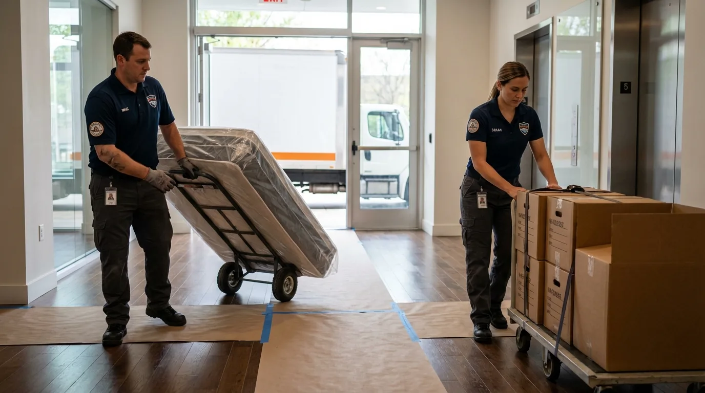 Professional apartment movers loading elevator in Fort Washakie, WY