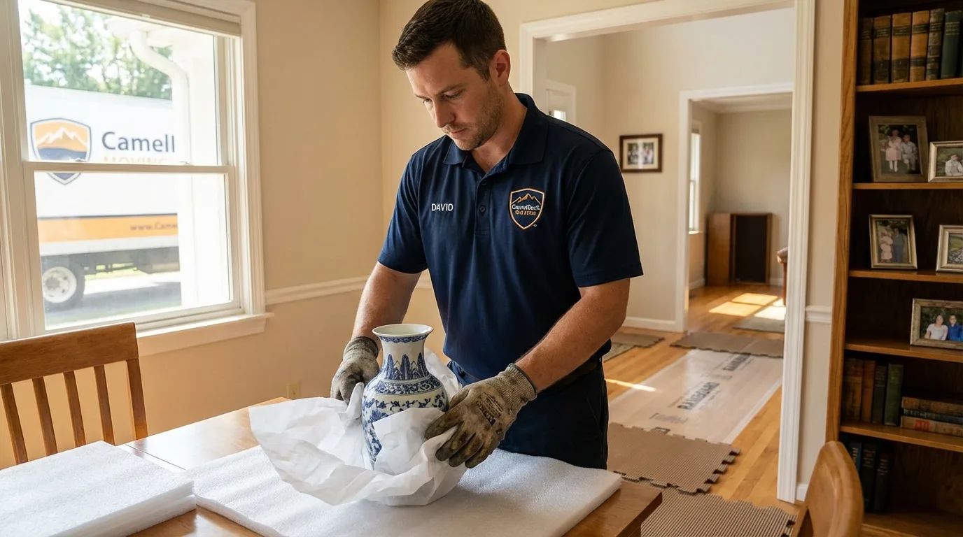Professional crew carefully wrapping antique vase for senior downsizing move in Fort Washakie, WY